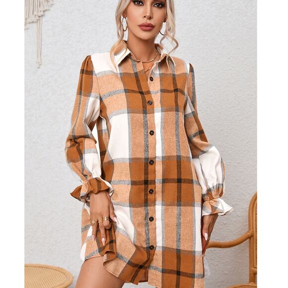 NWT  khaki pattern collared neck ruffled sleeve shirt dress - Picture 5 of 8